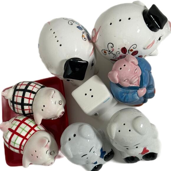 Lot 4 Pigs Ceramic Salt Pepper Shakers Vintage Plaid Tray Bling Grad Fridge - Picture 3 of 9